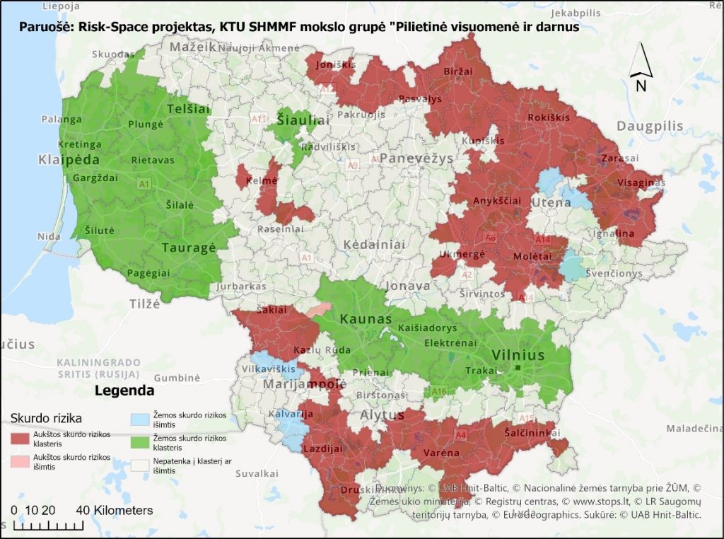 1 Pav. Skurdo rizikos klasteriai Lietuvoje (žemėlapį paruošė: KTU SHMMF mokslo grupės „Pilietinė visuomenė ir darnus vystymasis“ projekto Risk-Space komanda