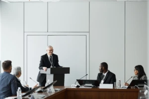Konferencijų salėje prie tribūnos kalba kostiumu vilkintis pranešėjas, o aplink stalą sėdintys susitikimo dalyviai jo klausosi ir stebi pristatymą.