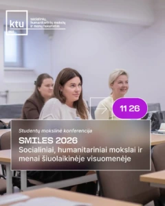 Moterys sėdi kabinete ir klausosi pranešimo. Nuotraukoje kvietimas į studentų mokslinę konferneciją SMILES 2026